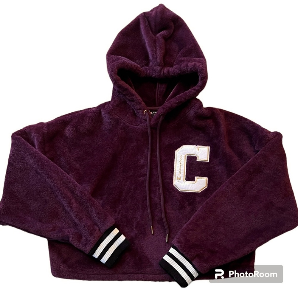 Champion C Block Wine Faux Fur Crop Hoodie New w/o Tag!